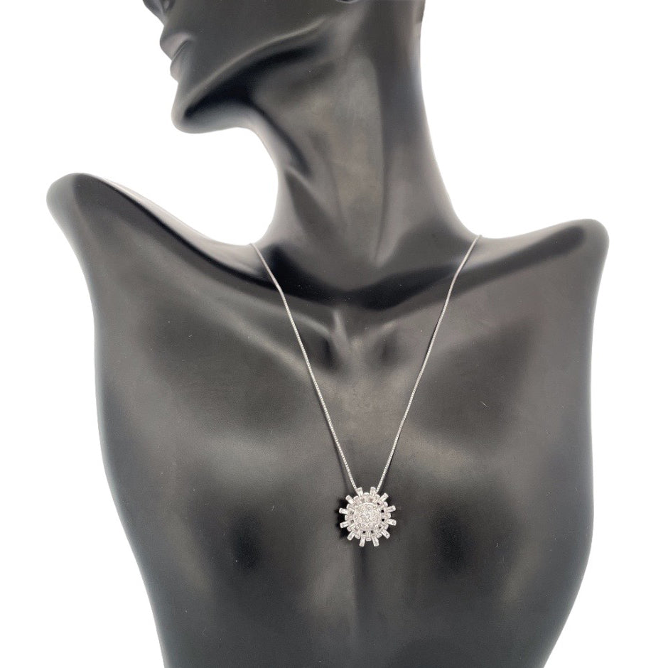 Shiny 14k White Gold Sun Burst Necklace With Natural Diamonds