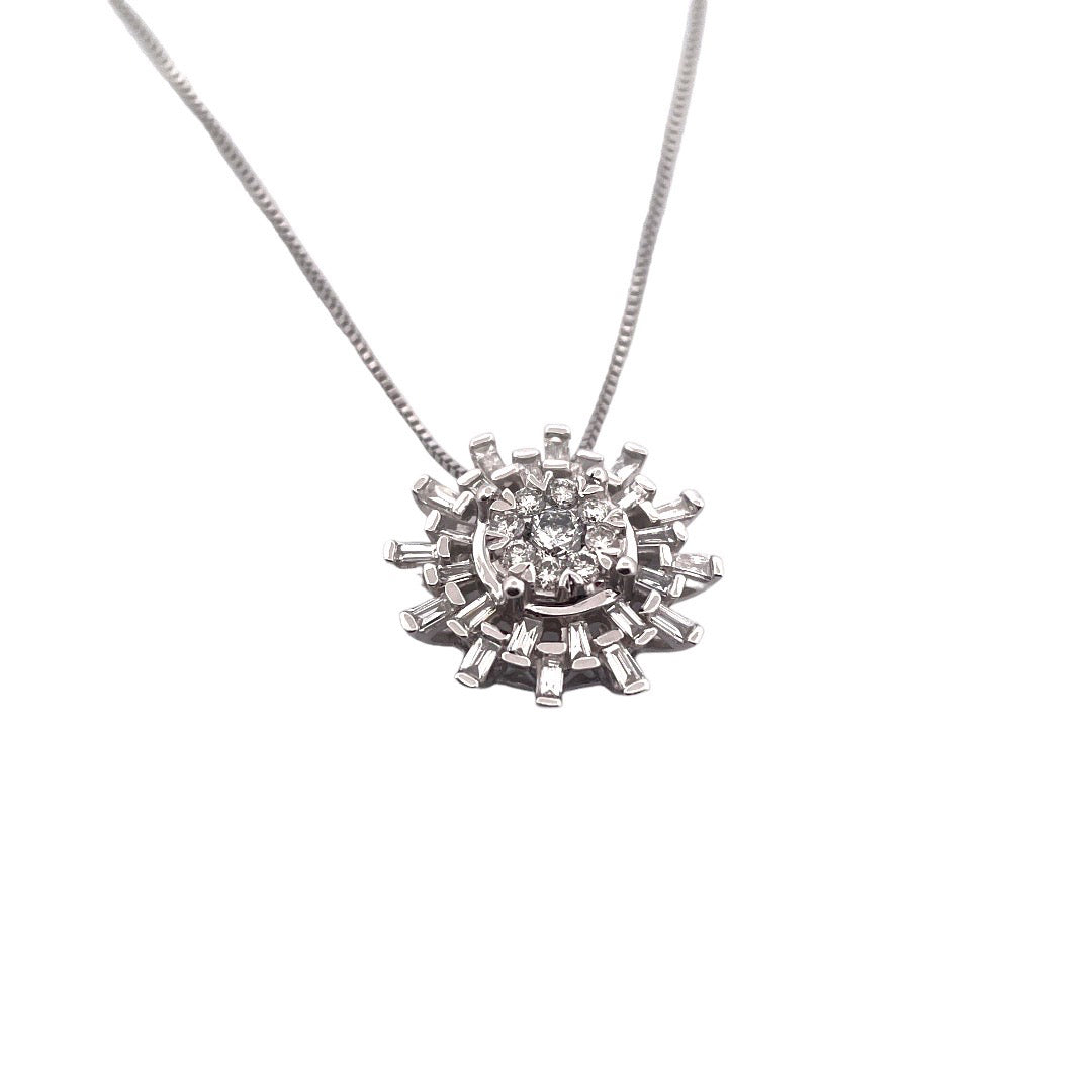 Shiny 14k White Gold Sun Burst Necklace With Natural Diamonds