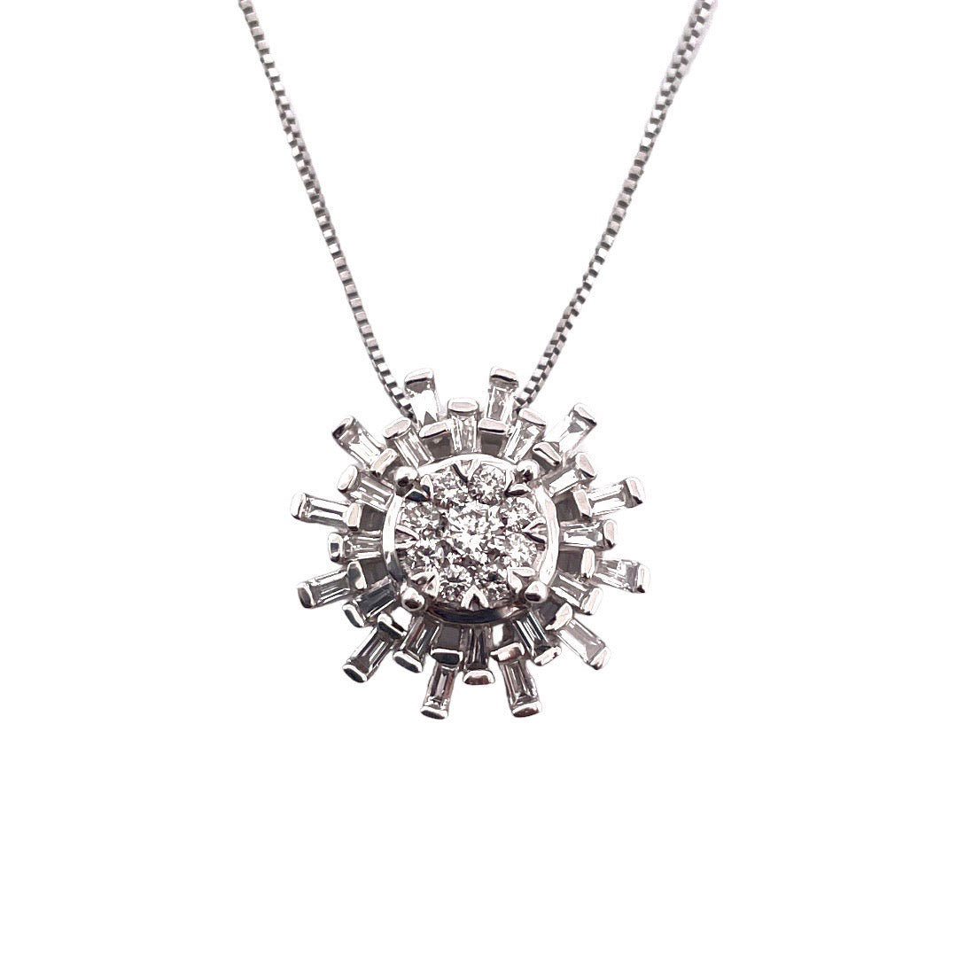 Shiny 14k White Gold Sun Burst Necklace With Natural Diamonds