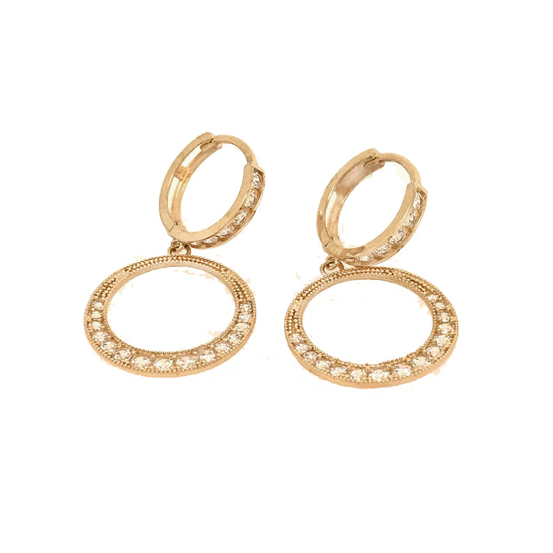 14K Yellow Gold or White Gold Open Circle Diamond Dangle Huggie Earrings