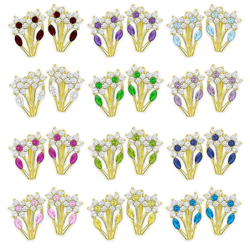 Blooming 14K Gold 12 Month Birthstones Double Flowers Leaf Leverback Earrings