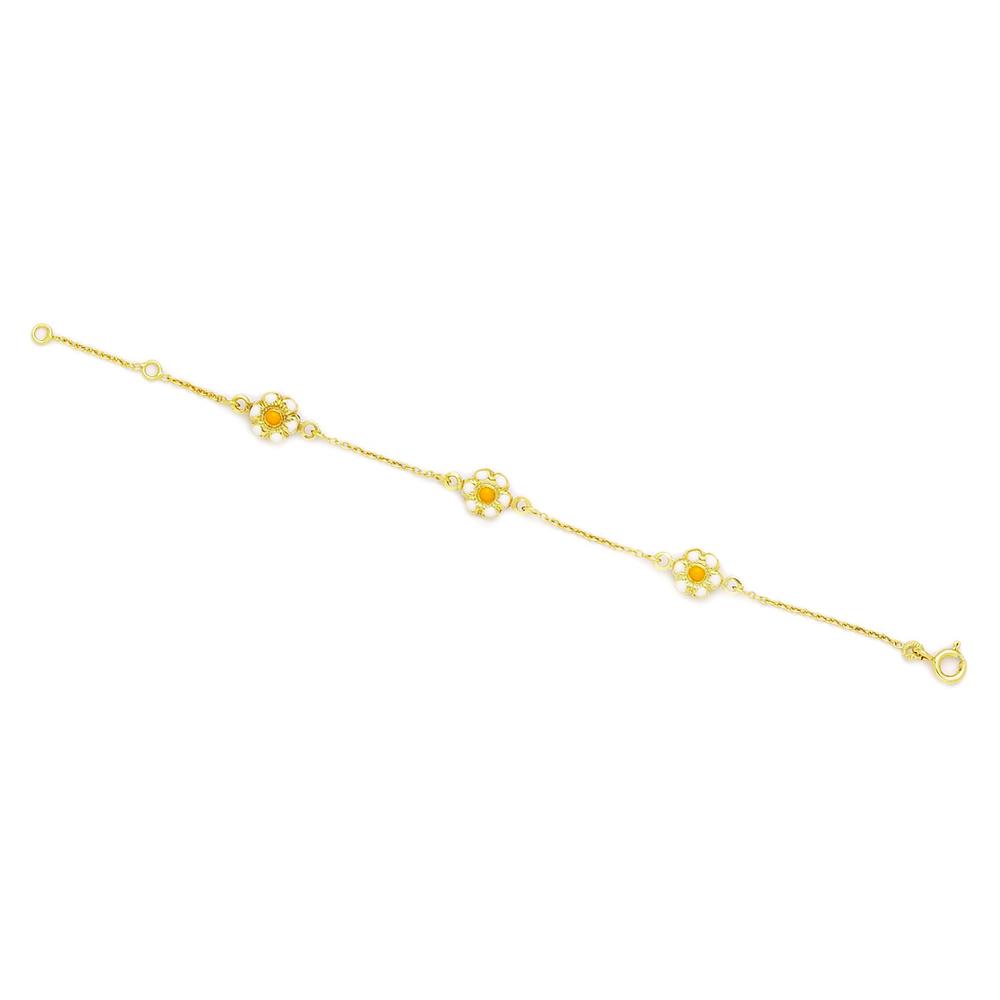 Dazzling 14K Yellow Gold Three Flower Enamel Bracelet for Baby and Children