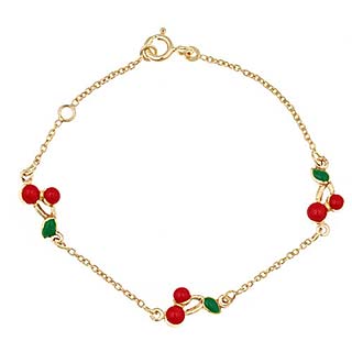 Sweet 14K Yellow Gold Cherry Enamel Bracelet for Baby and Children