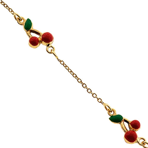 Sweet 14K Yellow Gold Cherry Enamel Bracelet for Baby and Children