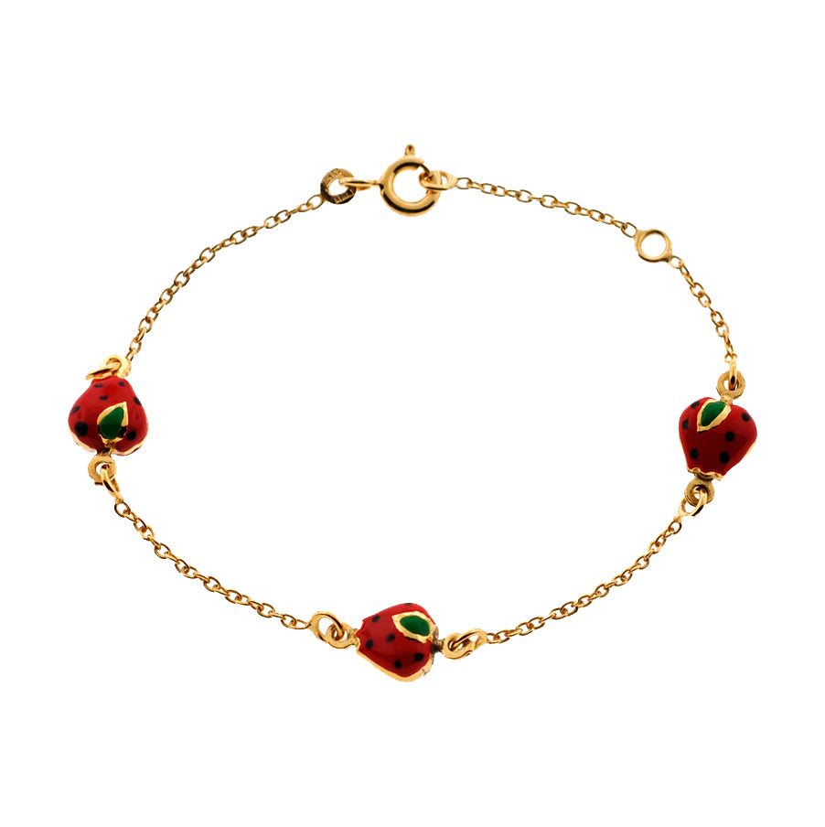 Delicate 14k Yellow Gold Strawberry Charm Enamel Baby Bracelet