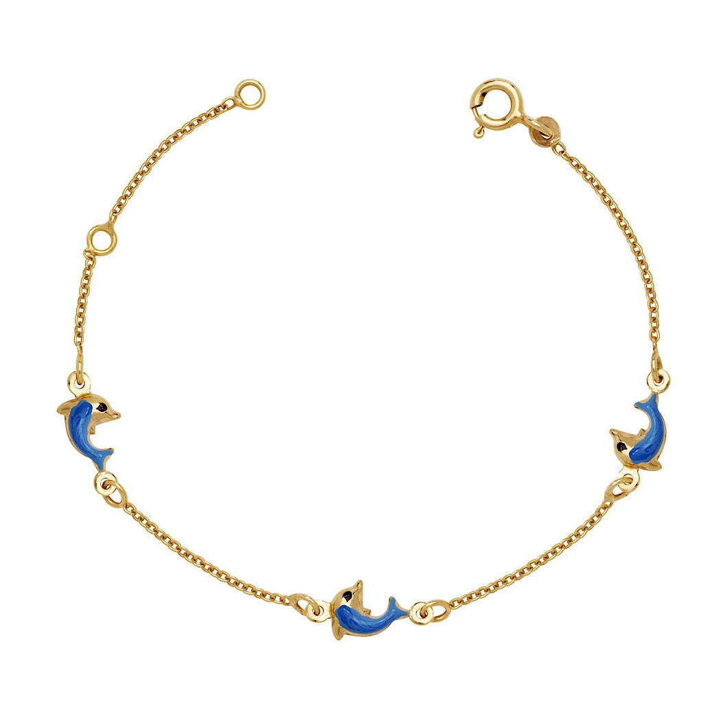 Splashy 14k Yellow Gold Enamel Dolphin Baby Bracelet