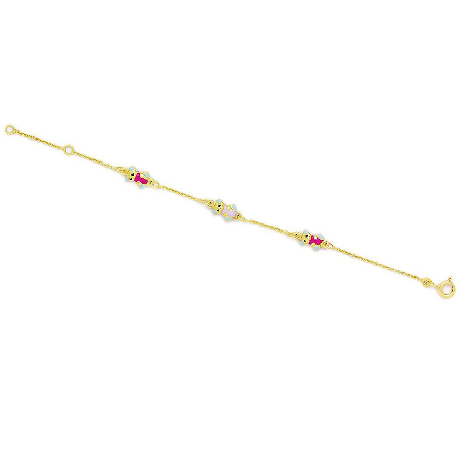 Precious 14k Yellow Gold Adjustable Three Teddy Bear Enamel Baby Bracelet