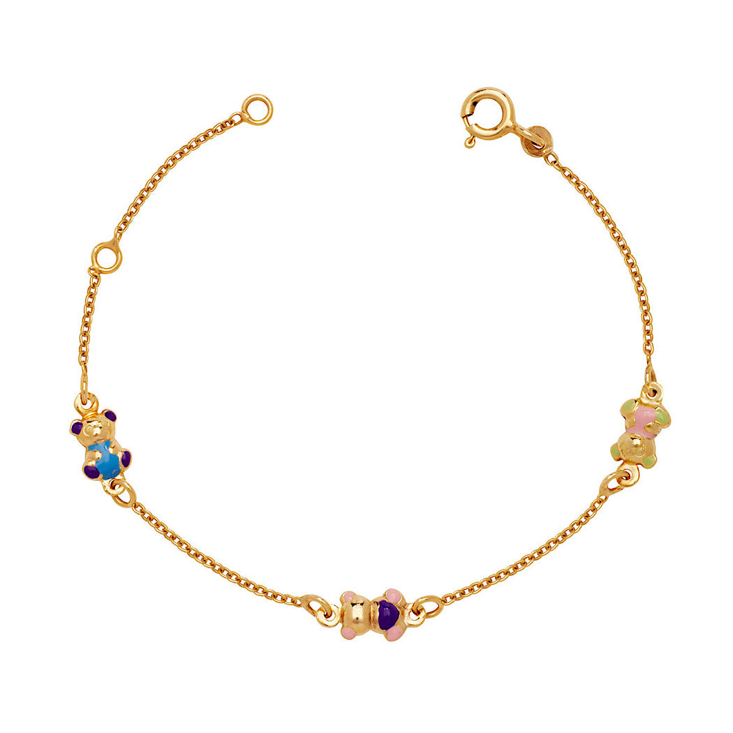 Precious 14k Yellow Gold Adjustable Three Teddy Bear Enamel Baby Bracelet