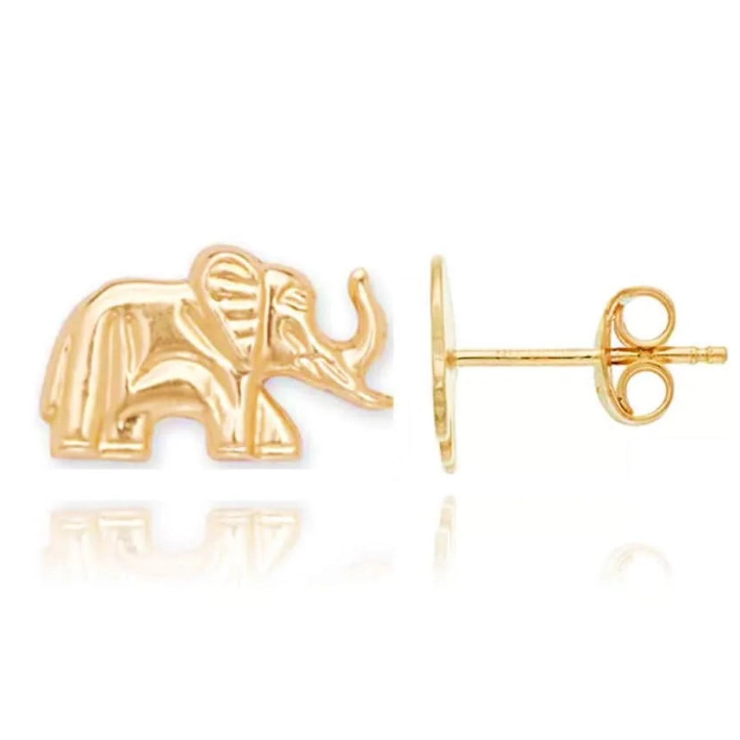 14k Solid Gold Elephant Stud Earrings with Stamp Pushback