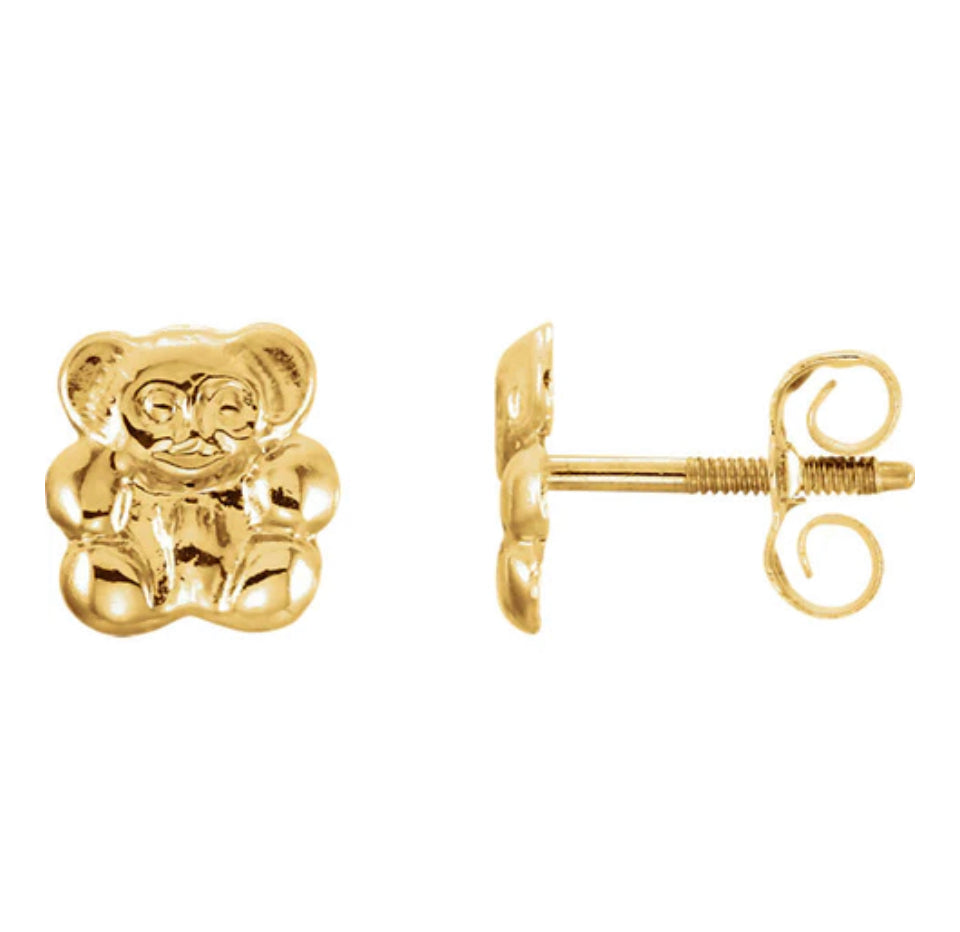 14k Solid Yellow Gold Teddy Stamping Earrings