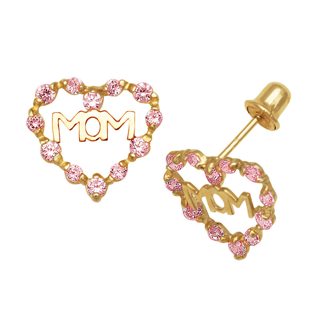 Expressive 14k Yellow Gold Heart Mom Screw Back Earrings