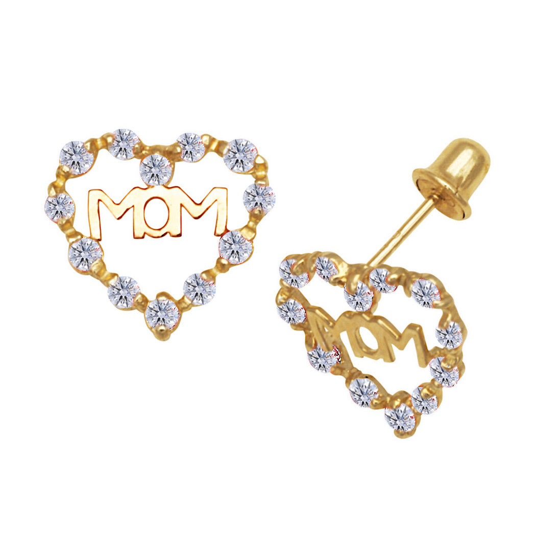 Expressive 14k Yellow Gold Heart Mom Screw Back Earrings