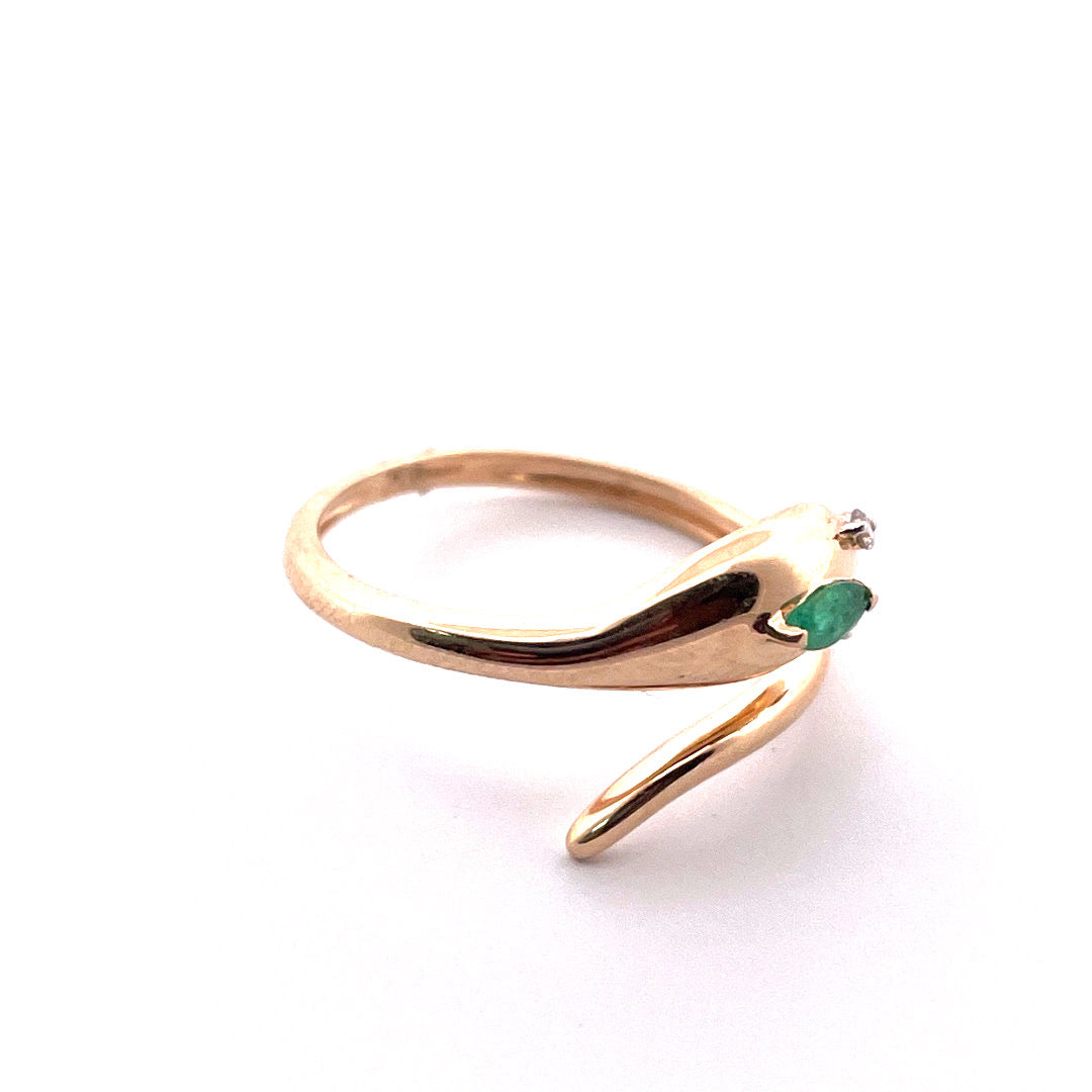 14K Yellow Gold Snake Diamond Emerald Ring