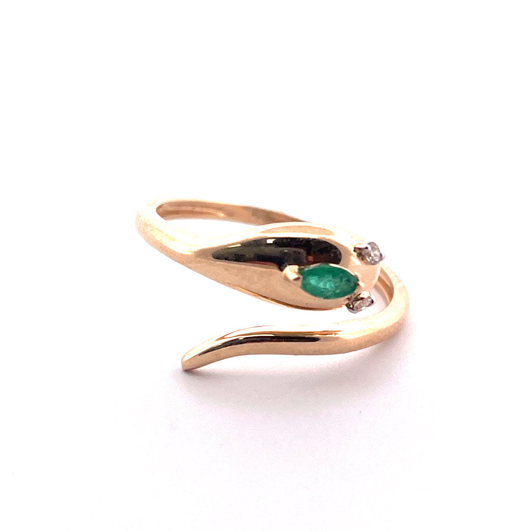 14K Yellow Gold Snake Diamond Emerald Ring