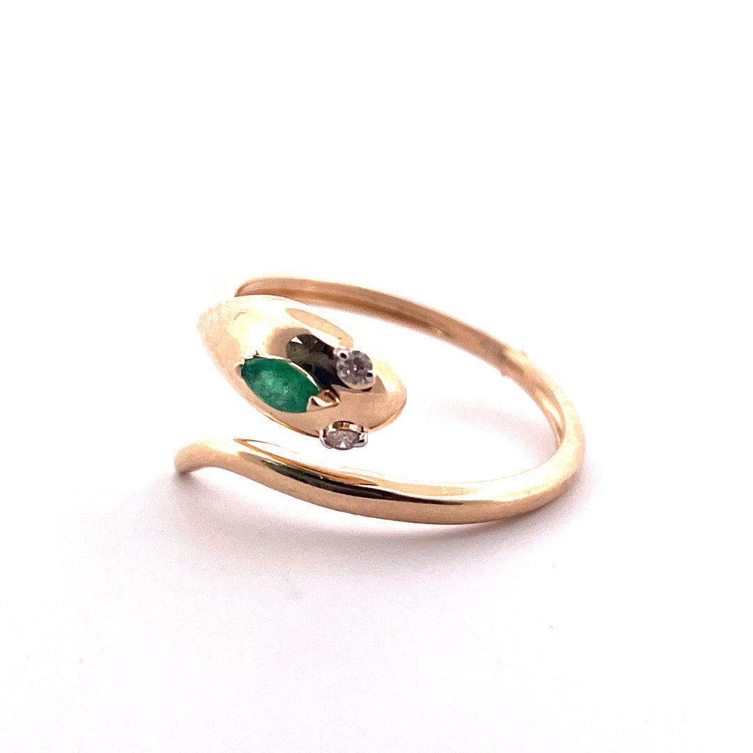 14K Yellow Gold Snake Diamond Emerald Ring