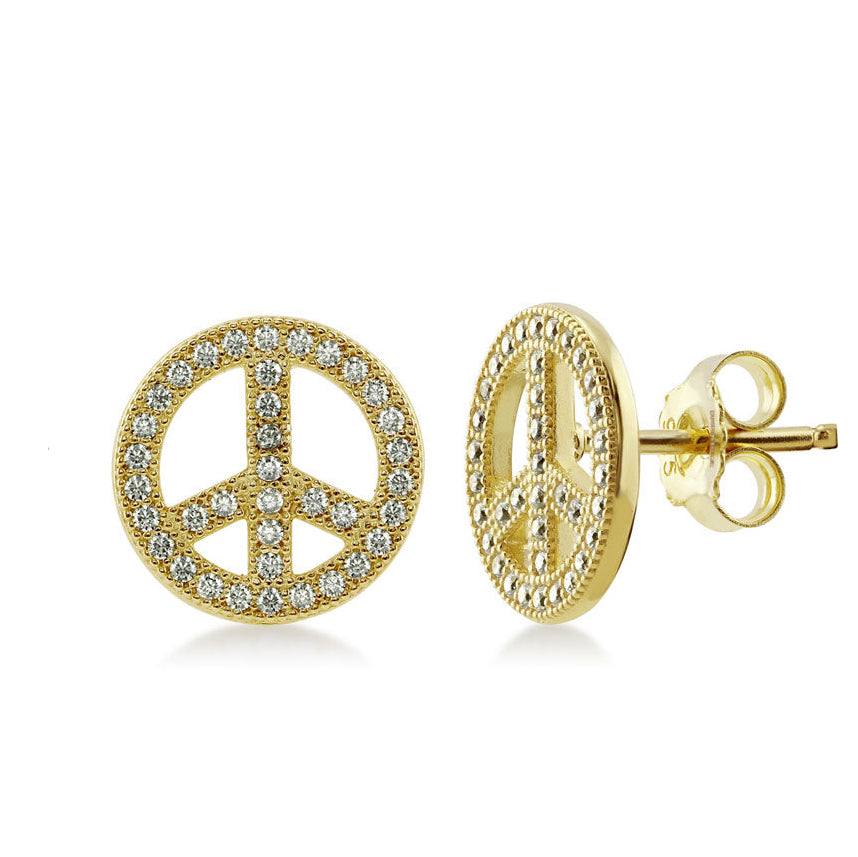 14K Gold Peace Sign Post Earrings in White Gold or Yellow Gold